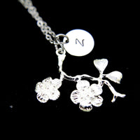 Silver Japanese Cherry Blossom Branch Necklace, Cherry Peach Plum Blossom  Flower Charm, N202