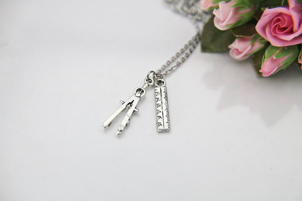 Architect Necklace, Compass Pencil Necklace, Ruler Necklace, Architect Gift, Compass Pencil Charm, Ruler Charm, Engineer Gift, E01