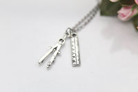 Architect Necklace, Compass Pencil Necklace, Ruler Necklace, Architect Gift, Compass Pencil Charm, Ruler Charm, Engineer Gift, E01