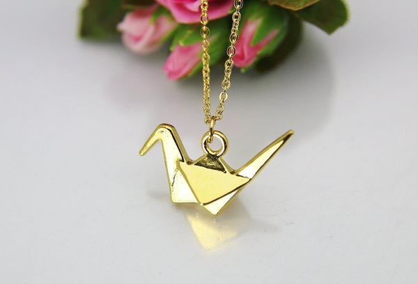 Gold Bird Necklace, Paper Crane Necklace, Japanese Crane, Bird Animal Charm, Personalized Gift,