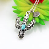 Silver Cactus Necklace, Personalized Initial Charm, Southwest Jewelry