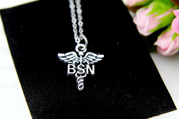 Bachelor of Science Nursing Necklace, Bachelor of Science Nursing Gift, BSN Caduceus Charm, BSN Medical Charm, RN Nurse Graduation Gift N262