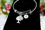 Tree Bracelet, Silver Tree Charm Bracelet, Tree Bangle, Tree Charm Bangle, Natural Gift, Natural Love Gift, Personalized Initial, B119