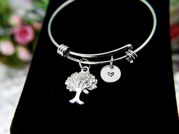 Tree Bracelet, Silver Tree Charm Bracelet, Tree Bangle, Tree Charm Bangle, Natural Gift, Natural Love Gift, Personalized Initial, B119