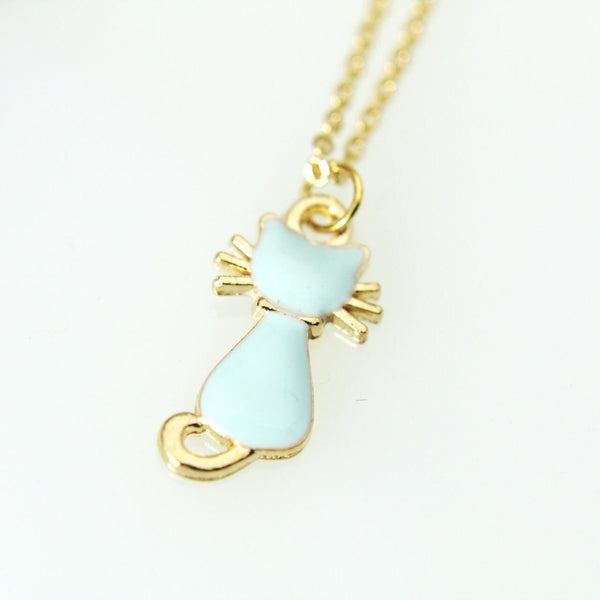 Cat Necklace, Gold Cat Charm Necklace, Blue Mint Cat Charm, Animal Charm, Pet Gift, Cat Mom Gift, Cat Lover Gift, Christmas Gift, N397