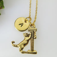 Cat Necklace, Gold Cat On Scratching Post Charm, Cat Charm, Animal Charm, Cat Lover Gift, Pet Gift, Cat Lover Jewelry Personalized Gift N426