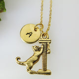 Cat Necklace, Gold Cat On Scratching Post Charm, Cat Charm, Animal Charm, Cat Lover Gift, Pet Gift, Cat Lover Jewelry Personalized Gift N426