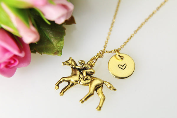 Gold Horse With Rider Charm Necklace, Horse Charm, Horse Rider Charm, Equestrian Necklace, Pet Gift, Personalized Gift, Christmas Gift, N462