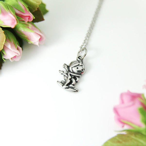 Stainless Steel Skier Charm Necklace, Silver Skier Charm Necklace, Skier Charm, Skier Jewelry, Personalized Gift, Christmas Gift, N537