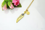 Gold Feather Evil Eye Charm Necklace, Feather Charm, N586