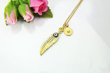 Gold Feather Evil Eye Charm Necklace, Feather Charm, N586