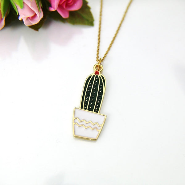 Gold Cactus Charm Necklace, Gold Cactus Charm, Mini Cacti Pot Charm, Red Flower Cactus Jewelry, Personalized Gift, Christmas Gift, N601
