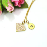Gold Diamond Charm Necklace, Gold Diamond Shaped Charm, Pink Rose Diamond Charm, Geometric Jewelry, Personalized Gift, Christmas Gift, N606