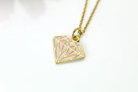 Gold Diamond Charm Necklace, Gold Diamond Shaped Charm, Pink Rose Diamond Charm, Geometric Jewelry, Personalized Gift, Christmas Gift, N607
