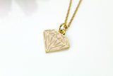 Gold Diamond Charm Necklace, Gold Diamond Shaped Charm, Pink Rose Diamond Charm, Geometric Jewelry, Personalized Gift, Christmas Gift, N607