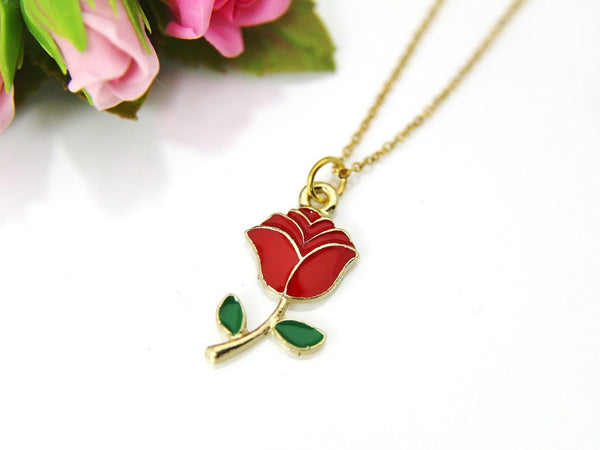 Gold Red Rose Charm Necklace Red Rose Jewelry, Flower Charm, Personalized Gift, Christmas Gift, N608A