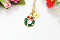 Gold Christmas Wreath Charm Necklace, Personalized Customized Gifts, N614