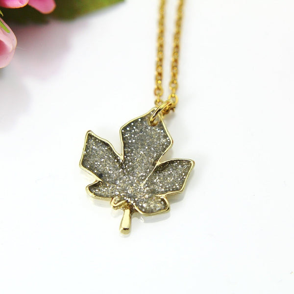 Gray Maple Leaf Necklace, Gold Maple Leaf Charm Necklace, Maple Leaf Charm, Fall Autumn Jewelry Gift, Personalized Christmas Gift, N840