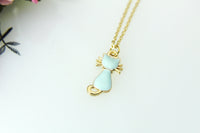 Cat Necklace, Gold Cat Charm Necklace, Blue Mint Cat Charm, Animal Charm, Pet Gift, Cat Mom Gift, Cat Lover Gift, Christmas Gift, N397