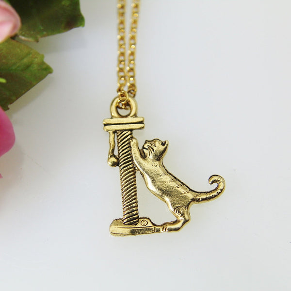 Cat Necklace, Gold Cat On Scratching Post Charm, Cat Charm, Animal Charm, Cat Lover Gift, Pet Gift, Cat Lover Jewelry, Christmas Gift, N415