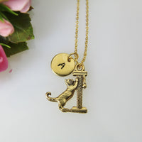 Cat Necklace, Gold Cat On Scratching Post Charm, Cat Charm, Animal Charm, Cat Lover Gift, Pet Gift, Cat Lover Jewelry Personalized Gift N426