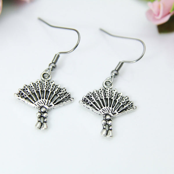 Fan Earrings, Silver Japanese Fan Charm Dangle Earring, Fan Charm, Hand Fan Charm, Fan Jewelry, Halloween Gift, Christmas Gift, N451