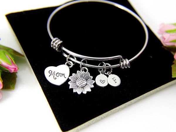 Mom Bracelet, Silver Sunflower Charm Bangle, Sunflower Charm, Mom Charm, Mom Gift, Mother's Day Gift, Personalized Gift, N955