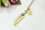 Gold Feather Evil Eye Charm Necklace, Feather Charm, N586