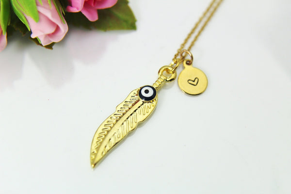 Gold Feather Evil Eye Charm Necklace, Feather Charm, N586
