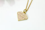 Gold Diamond Charm Necklace, Gold Diamond Shaped Charm, Pink Rose Diamond Charm, Geometric Jewelry, Personalized Gift, Christmas Gift, N607