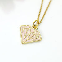 Gold Diamond Charm Necklace, Gold Diamond Shaped Charm, Pink Rose Diamond Charm, Geometric Jewelry, Personalized Gift, Christmas Gift, N607