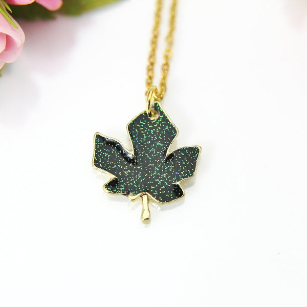 Green Maple Leaf Necklace, Gold Maple Leaf Charm Necklace, Maple Leaf Charm, Fall Autumn Jewelry Gift, Personalized Christmas Gift, N838