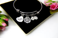Mom Bracelet, Silver Sunflower Charm Bangle, Sunflower Charm, Mom Charm, Mom Gift, Mother's Day Gift, Personalized Gift, N955
