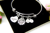 Mom Bracelet, Silver Sunflower Charm Bangle, Sunflower Charm, Mom Charm, Mom Gift, Mother's Day Gift, Personalized Gift, N955