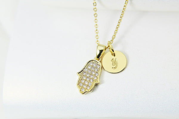 Gold Hamsa Necklace, Fatima Hand Charm, CZ Diamond Jewelry, Mothers Day Gift, Dainty Necklace, Delicate, Minimal, Personalized Gift, G008