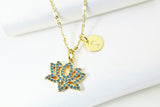 Lotus Necklace, Gold Teal Lotus Charm, Yoga Gift, Mothers Day Gift, Dainty Necklace, Delicate, Minimal, Personalized Gift, G012