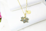 Lotus Necklace, Gold Teal Lotus Charm, Yoga Gift, Mothers Day Gift, Dainty Necklace, Delicate, Minimal, Personalized Gift, G012