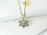 Lotus Necklace, Gold Teal Lotus Charm, Yoga Gift, Mothers Day Gift, Dainty Necklace, Delicate, Minimal, Personalized Gift, G012