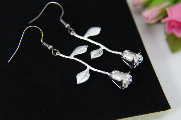 Silver Rose Earrings, Birthday Jewelry Gift, N1078