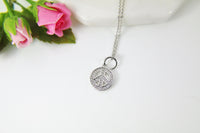 Peace Necklace, Peace Sign Charm, Platinum Peace Pendant, CZ Diamond Jewelry, S023