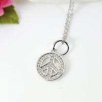 Peace Necklace, Peace Sign Charm, Platinum Peace Pendant, CZ Diamond Jewelry, S023