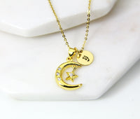 Gold Moon Star Necklace, CZ Diamond Jewelry, Dainty Necklace, Delicate Jewelry, Minimal Necklace, Personalized Gift, G191