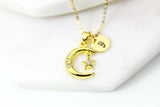 Gold Moon Star Necklace, CZ Diamond Jewelry, Dainty Necklace, Delicate Jewelry, Minimal Necklace, Personalized Gift, G191