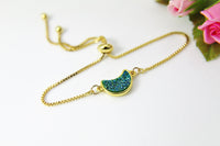 Gold Crescent Moon Bracelet, SeaGreen Crescent Moon Pendant, Crescent Jewelry, Bridesmaid Gift, Dainty Delicate Bracelet, G210