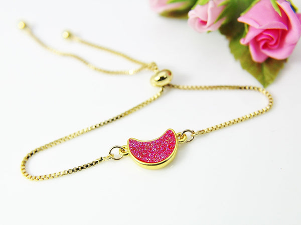 Gold Crescent Moon Bracelet, Deep Pink Crescent Moon Pendant, Crescent Jewelry, Bridesmaid Gift, Dainty Delicate Bracelet, G211