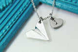 Paper Airplane Necklace, Personalized Heart Charm, Traveler Gift