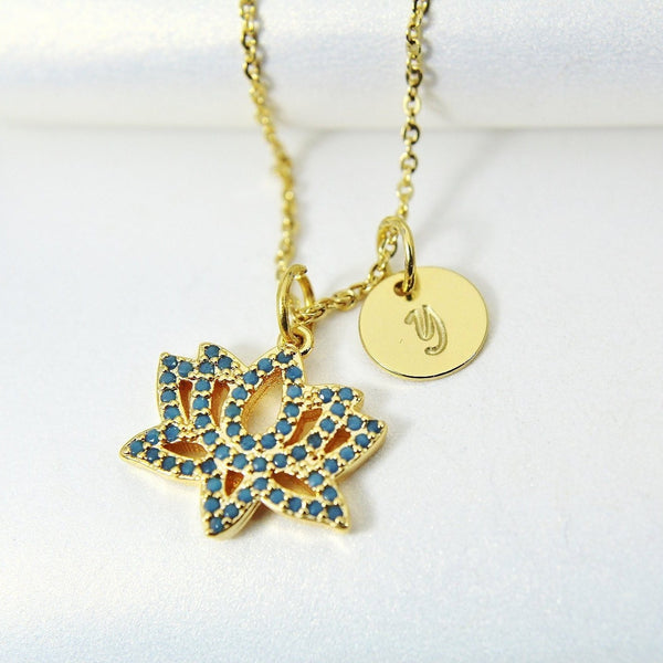 Lotus Necklace, Gold Teal Lotus Charm, Yoga Gift, Mothers Day Gift, Dainty Necklace, Delicate, Minimal, Personalized Gift, G012