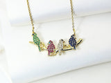 Bird Necklace, Gold Green Pink Blue Diamond Bird on the Branch, Mothers Day Gift, Dainty Necklace, Delicate Minimal, Personalized Gift, G020