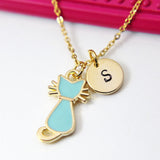 Cat Necklace, Gold Blue Cat Charm, Cute Cat Charm, Pet Gift, Animal Charm, Personalized Gift, Best Friend Gift, Girl Gift, N1031
