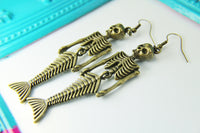 Halloween Mermaid Earrings, Bronze Mermaid Skeleton Charm Dangle Earrings, Mermaid Earrings, AN2702